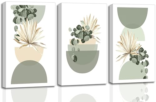 3 Pcs Neutral Abstract Sage Green Boho Canvas Wall Art 16x24in (3 Count)