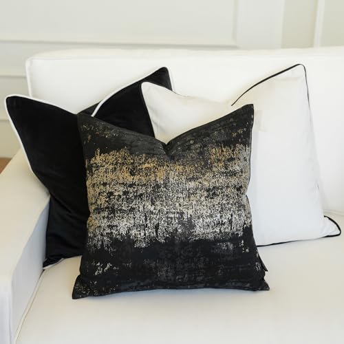 Black Champagne Metallic Jacquard Throw Pillow Cover 24x24 Velvet Back Modern Glam Sofa Decor