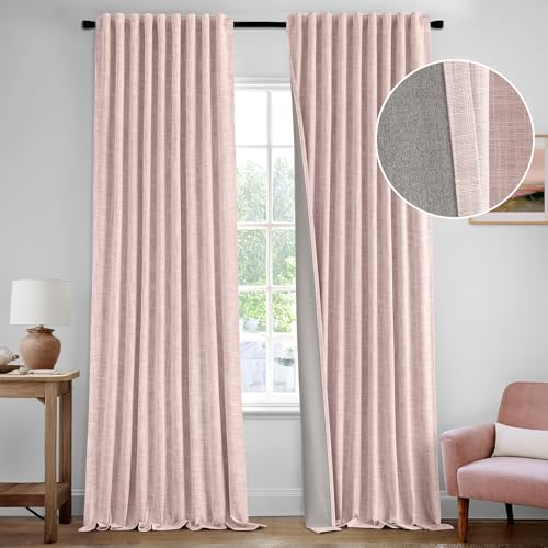 Light Pink 100% Blackout Linen Curtains 84 Inch 2 Panels Set Double Sided No Coating Pleated Back Tab Black Out Long Thermal Insulated Pinch Pleat Bedroom Living Room Darkening Window Drapes (2 Count)