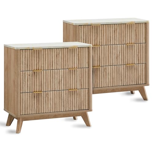 32" Large Fluted Nightstand with 3 Drawers Set of 2 (2 Count)