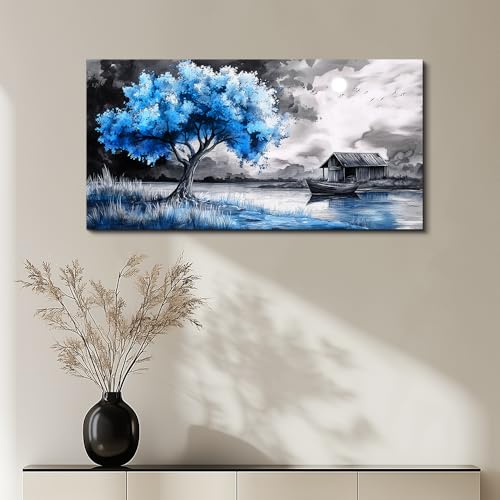 Large Wall Art For Living Room Wall Decor For Bedroom Black White Scenery And Blue Trees Wall Painting Modern Home Decoration Room Office Restaurant Canvas Art Prints Home Decor 20x40 In