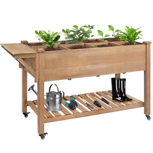 Raised Garden Bed with Lockable Wheels Mobile Elevated Wood Planter
