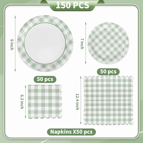 150Pcs Sage Green Gingham Party Supplies Green Gingham Paper Plates and Napkins Green Plaid Plates Disposable Greeny and White Plaid Party Decor for Birthday Family Picnic BBQ Party (150 Count)