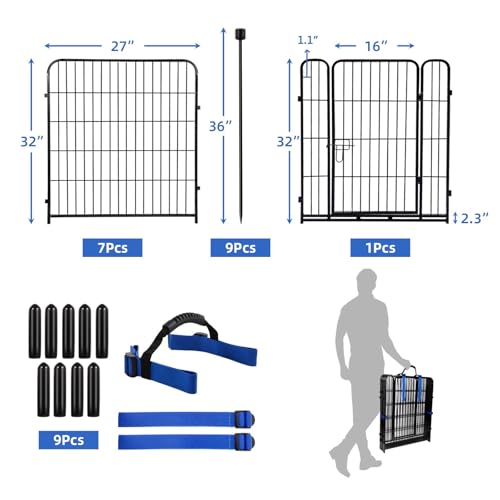 32 in(H) Garden Fences and Borders,1 Gate+7 Panels Dog Fence Outdoor for Yard, Heavy Duty Iron Metal Animal Barrier Fence, Portable Fence, Flower Garden Fencing,Total 17.7 Ft(L), Black (384 Sq Ft)