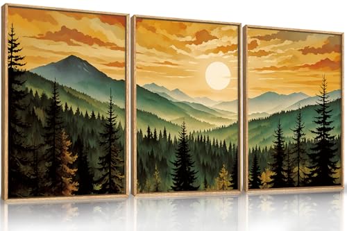 Large Boho Sunset Mountain Framed Canvas Wall Art (3 Count)