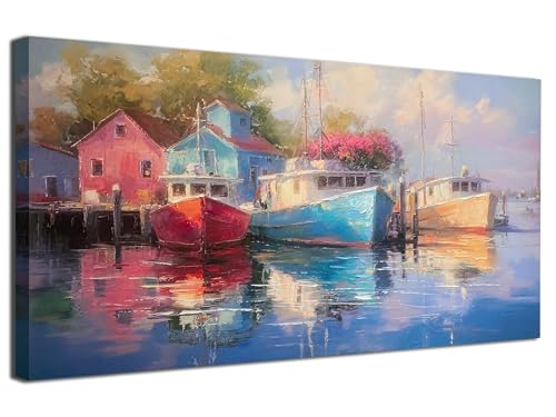 Lake Wall Art Sailboat Nautical Canvas Painting Framed Large 40"x20"