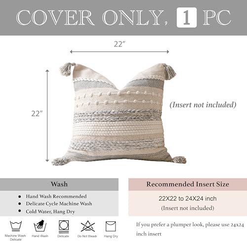 Gray Boho Decorative Throw Pillow Cover 22x22 Square Farmhouse Accent Cushion for Couch Sofa Livingroom Bedroom Pillowcase Modern Home Décor