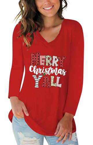 Womens Christmas Tunic Tops Funny Letter Print Holiday Shirts V Neck Long Sleeve Happy New Year Outfit Red XL