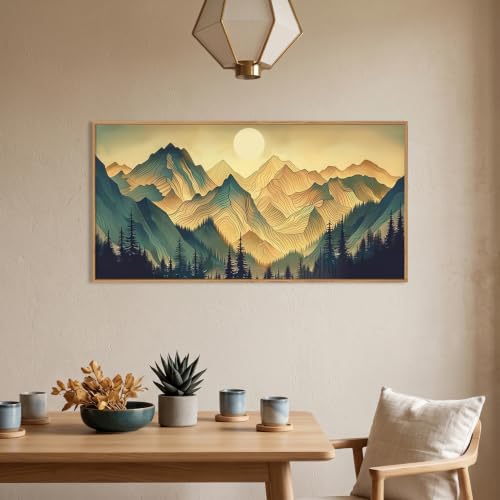 Boho Green Mountain Landscape Framed Canvas Wall Art Set