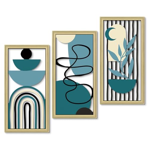 Boho Wall Art Set of 3 Modern Minimalist Wooden Wall Decor Abstract Geometric Room Decorations Mid Century Artwork for Living Room Bedroom Office in Blue Tones 16.5 x 8.6 Inch (3 Count)