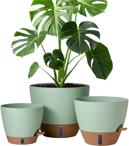 12/10/8 Inch Self Watering Pots for Indoor Plants Plastic Large Pot for Outdoor Plants, Water Level Window & Spacious Reservoir Flower Pots Decorative Planter with Drainage and Tray (3 Count)