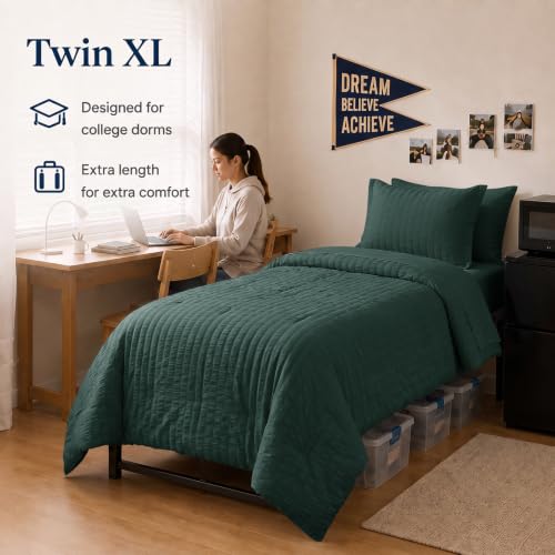 Twin XL Comforter Set 5 Pieces Forest Green Seersucker Bed in a Bag