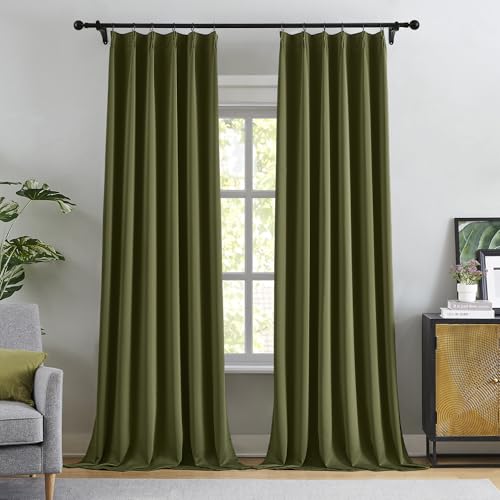 Olive Green Blackout Pleated Curtains 96 Inches Long