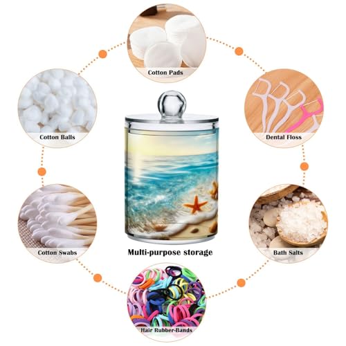 2 Pack Qtip Holder Organizer Dispenser Starfish Coral Seashell Summer Beach Bathroom Storage Canister Cotton Ball Holder Container for Cotton Pads (2 Count)