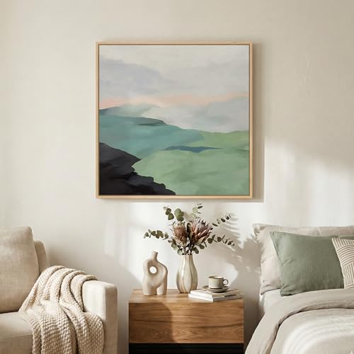 Framed Modern Neutral Green Landscape Abstract Canvas Wall Art