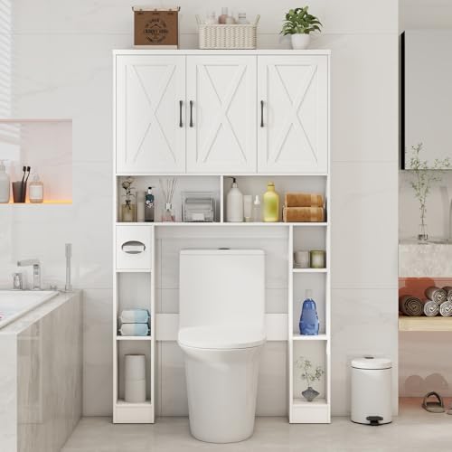 Over The Toilet Storage Cabinet with 3 Barn Doors.White