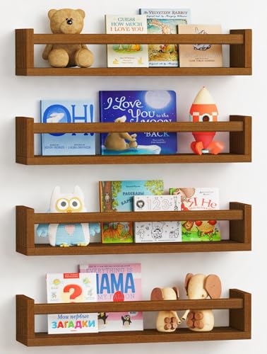 Dark Wood Nursery Kids Bookshelf Wall Mounted (4 Count)