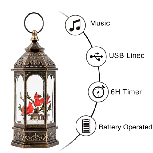 Christmas Snow Globe Lantern Water Glittering 10.5'' Cardinal with Music& Timer