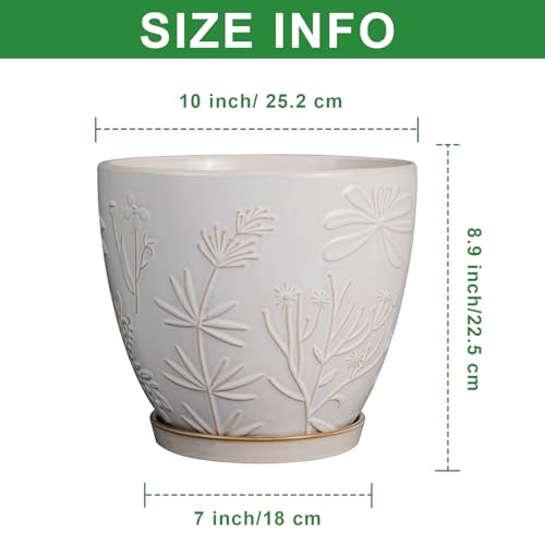 10 Inch Plant Pot Ceramic Planter Pot with Drainage Hole and Saucer Round Planter Large Flower Pot for Indoor Outdoor Plants Home Garden Decor White