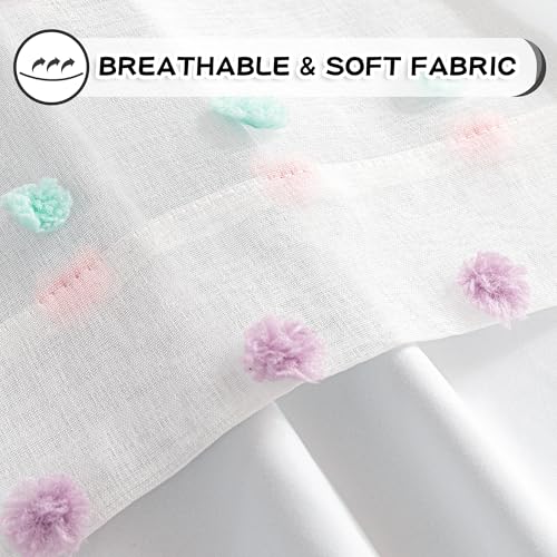 Total Blackout Curtains for Kids Bedroom 80 Inch Long 100% Light Blocking Curtains for Living Room 2 Panels Room Darkening Grommet Double Layer Drapes with Rainbow Pom Pom Sheer 50W x 80L