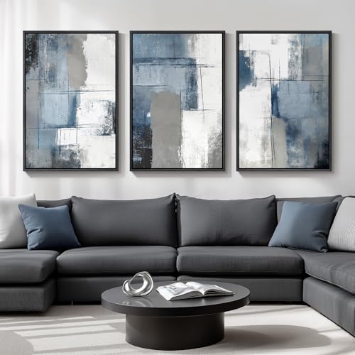 Large Framed Blue and Gray Abstract Wall Art for Living Room (3 Count)