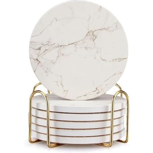 White Marble Coasters Set of 6 Absorbent Ceramic Cute Drink Coaster Holder (6 Count)