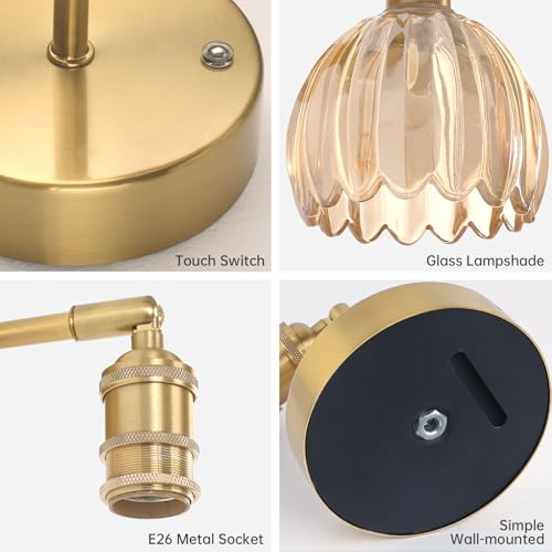 Battery Operated Vintage Wall Sconces with Amber Tulip Glass Lampshade Battery Powered Wall Lighting for Bedside Bedroom Doorway