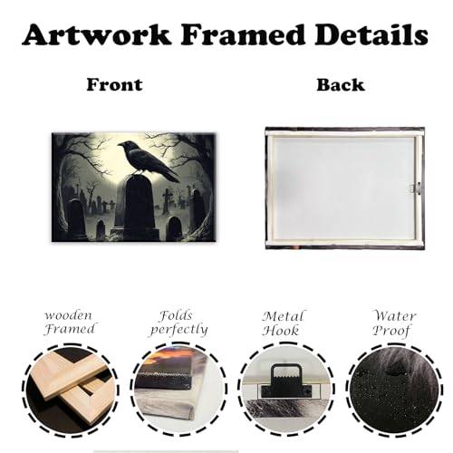 Crow Canvas Wall Art Gothic Black Bird On Branch Painting Print Spooky Forest Full Moon Scenery Poster Artwork Framed Halloween Home Decor