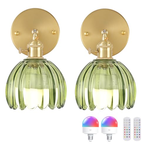 Vintage Battery Operated Wall Sconce with Green Tulip Glass Lampshade 5000 mAh Rechargeable Battery Powered Wall Light with Remote Control for Bedside Bedroom Doorway (2 Count)