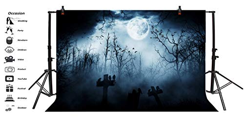 5x3ft Spooky Halloween Graveyard Backdrop Foggy Full Moon Horror Scene