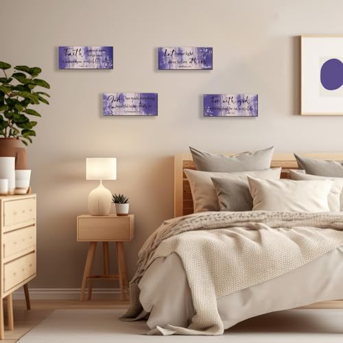 4 Pieces Purple Bathroom Decor Bible Verses Wooden Wall Decor Abstract Office Christian Religious Art for Women Office Home Bedroom Living Room Decoration (4 Count)