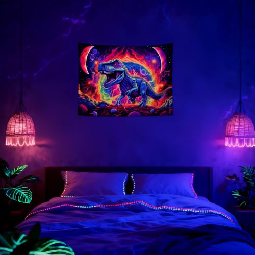 Blacklight Dinosaur Tapestry Wall Hanging Black Light Tapestries Uv Glow in the Dark Dino Poster for Teen Boys Room Bedroom 31.5" L x 39.4" W