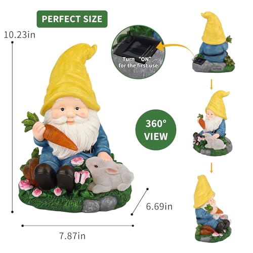 Solar Garden Outdoor Statues Gnome Feeding Rabbit with 6 LED Lawn Decor Outside Decorations for Patio