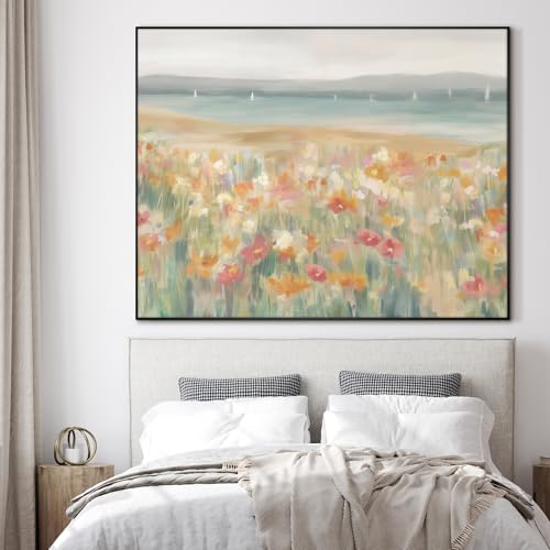 36"x46" Extra Large Framed Wall Art Coastal Flower Field with Sailing Boats Serene Landscape Illustration for Home Living Room Bedroom Decor