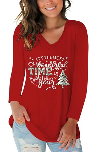 Christmas Tree Shirt for Women V Neck Merry Christmas Printed T