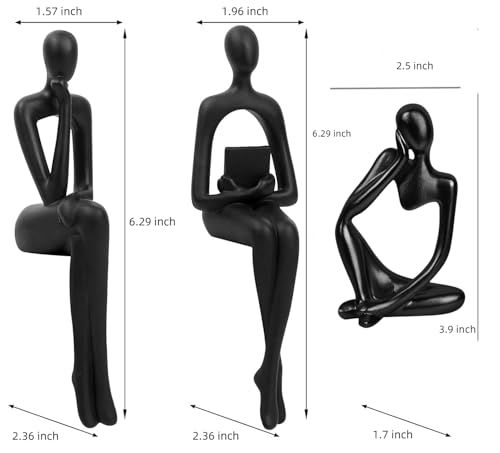 Abstract Small Black Reading Thinker Statue for Book Shelf Office (3 Count)