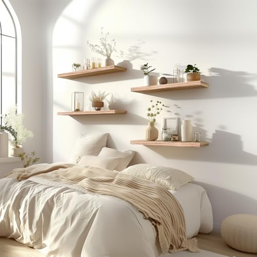 Light Wood Floating Shelves for Wall Rustic Wall Shelves for Bedroom Set of 6 (6 Count)