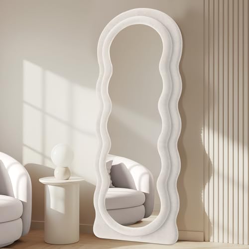 Full Length Mirror 71"x30" Arched Wavy Full Body Wall Mounted Floor Mirror Ivory Flannel Frame Leaning Hanging Wall Mirror for Bedroom Entrance