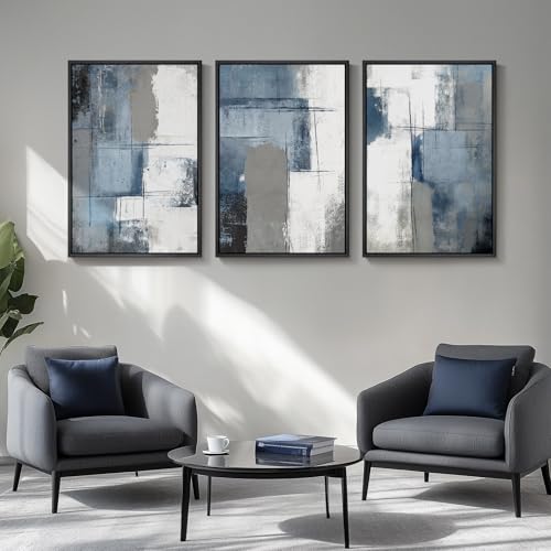 Large Framed Blue and Gray Abstract Wall Art for Living Room (3 Count)