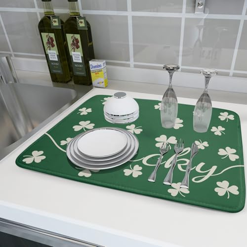 St Patricks Day Dish Drying Mat for Kitchen Lucky Shamrocks Absorbent Reversible Microfiber Kitchen Countertop Protector Dishes Pad Large 18x24 inch