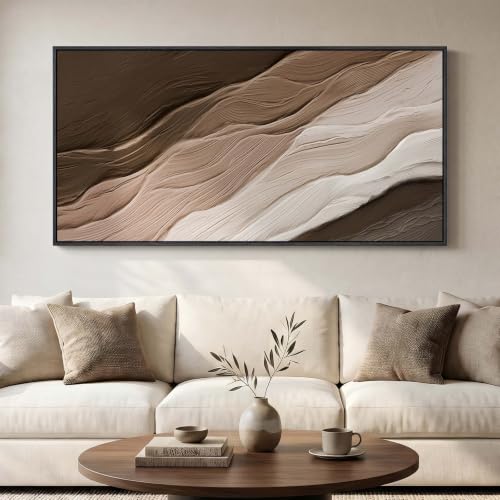 Large Framed Neutral Brown Beige Abstract Wall Art for Living Room 60x30 In