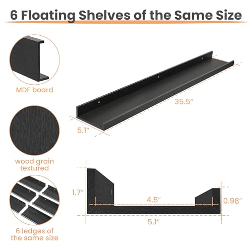 Floating Shelves for Wall Decor and Storage (6 Count)
