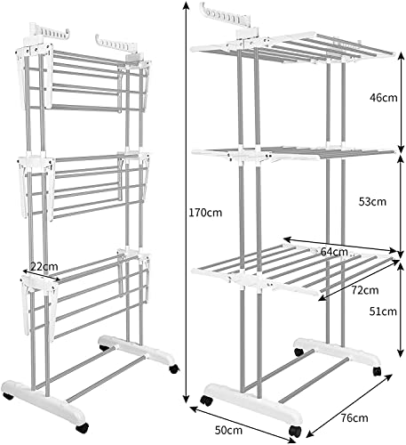 Clothes Drying Rack Folding with Wheels Drying Rack Clothing Clothes Horses Rack Stainless Steel Laundry Drying Rack with Two Side Wings 4 Tier Grey White