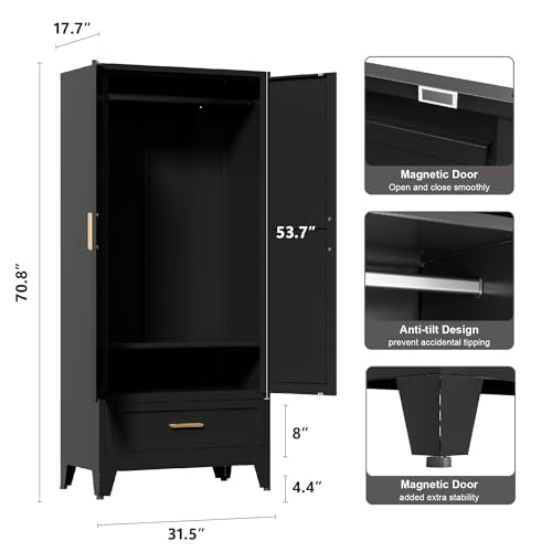 71'' Black Farmhouse Metal Wardrobe Cabinet with Hanging Rod