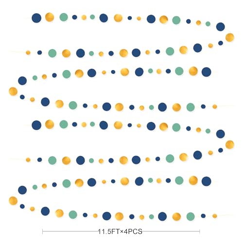 Blue Gold Green Decorations Circle Dots Garland Metallic Gold Navy Blue with Sage Green Hanging Polka Dot Streamer for Birthday Bridal Shower Wedding Bachelorette Engagement Party Supplies