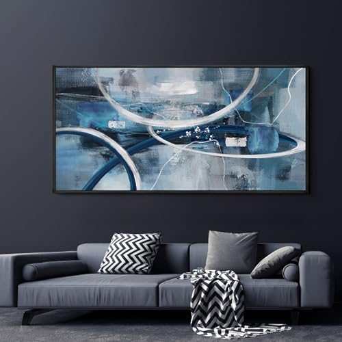 Blue Abstract Wall Art Modern Neutral Fluid Painting with Thin Black Frame