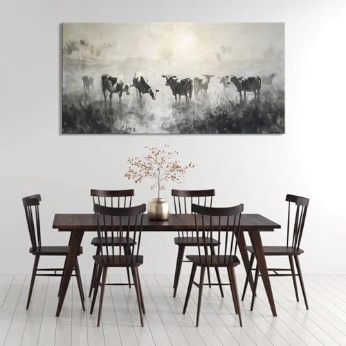 Black and White Cow Wall Art for Living Room Ink Wash Canvas Painting Prints Morning Cattle Vintage Country Farmhouse Artwork Bedroom Office Decor