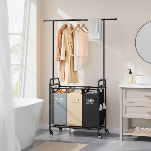 Laundry Sorter Cart with Hanging Clothes Rack
