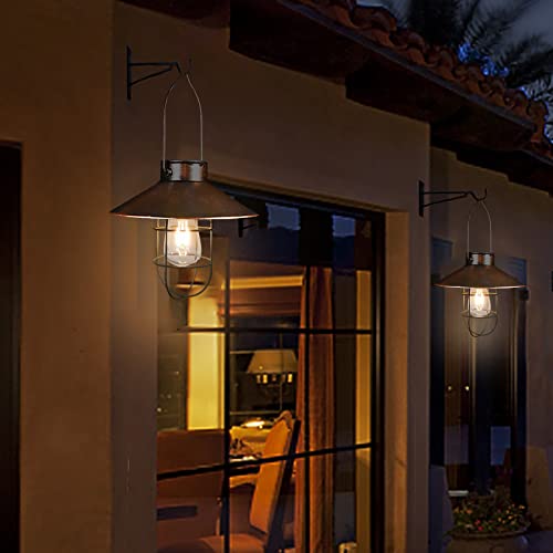 Solar Lantern Outdoor Hanging Light Metal Farmhouse Solar Lamp with Warm White Edison Bulb Design for Garden Yard Patio Porch Decor