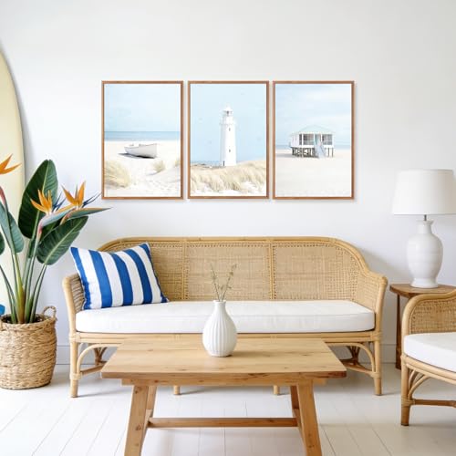 3 Pcs Blue Beach Coastal Framed Canvas Wall Art 16x24 Inch
